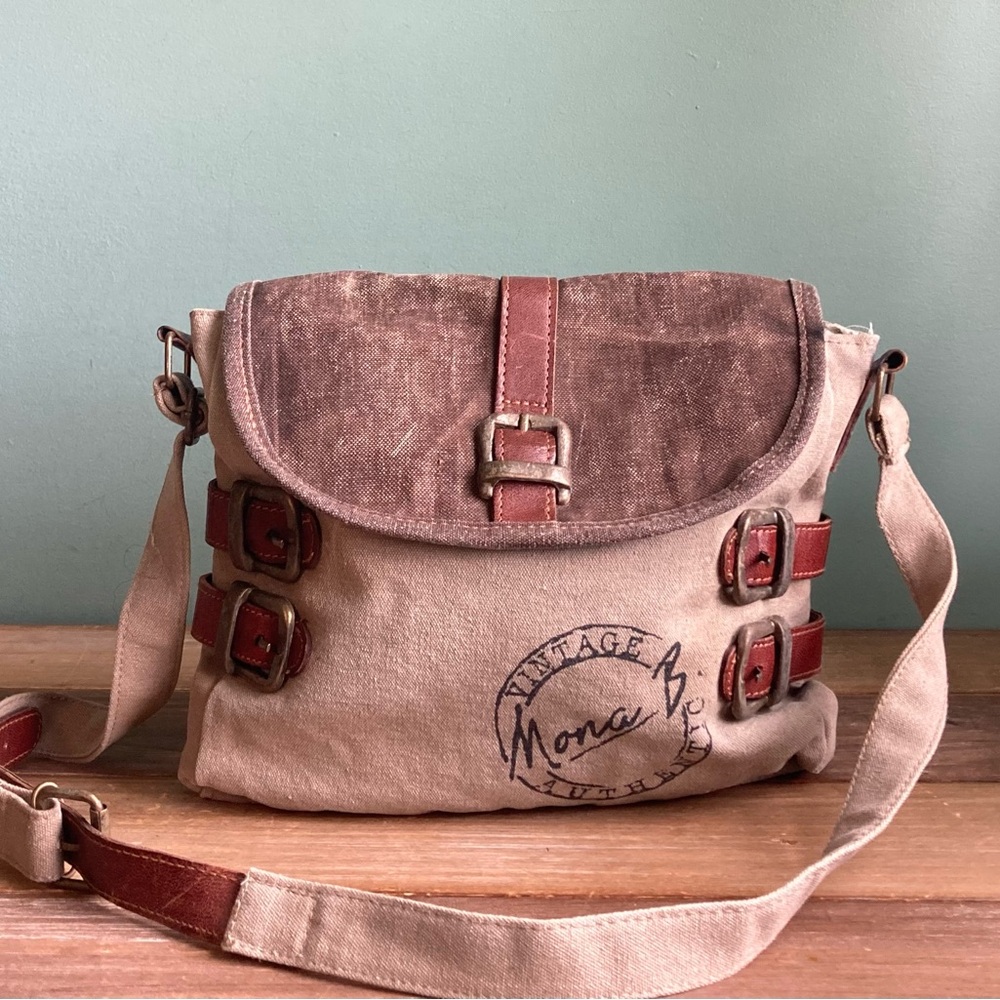 Vintage Canvas Crossbody Bag in Beige and Brown